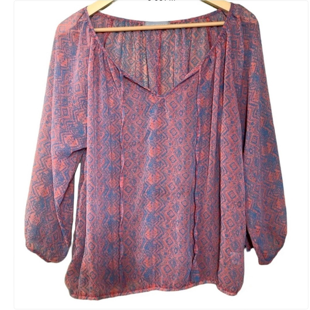 EUC Olivia Moon Medium Orange+Blue Sheer Boho Blouse Top Nordstroms Like New🧡💙